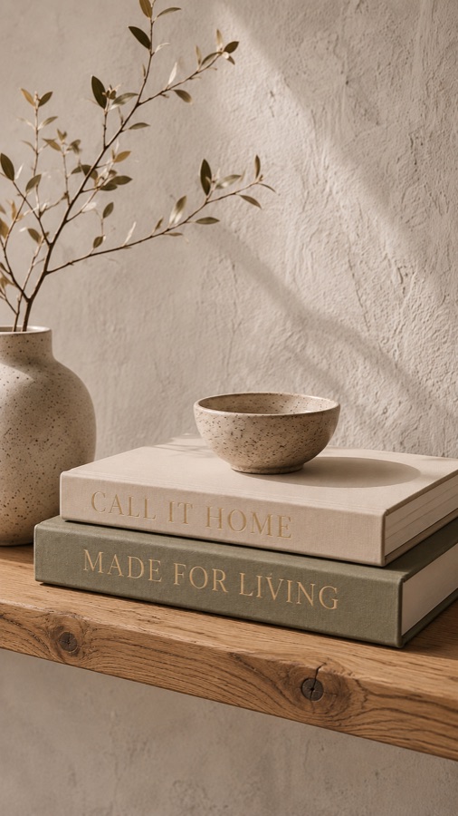 A speckled ceramic bowl resting on a stack of books titled Call It Home and Made for Living, warm afternoon light on a textured wall